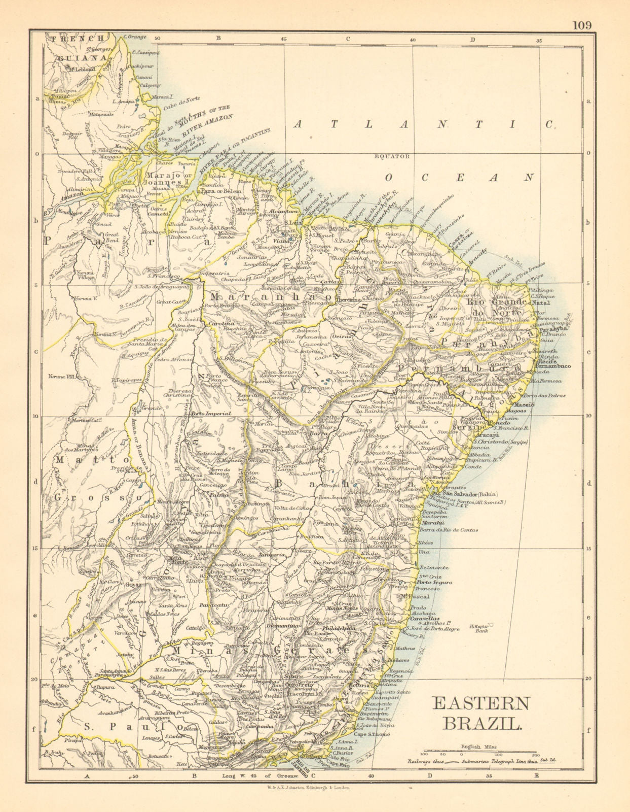 EASTERN BRAZIL. Bahia Minas Gerais Pernambuco Marabhao. JOHNSTON 1897 old map